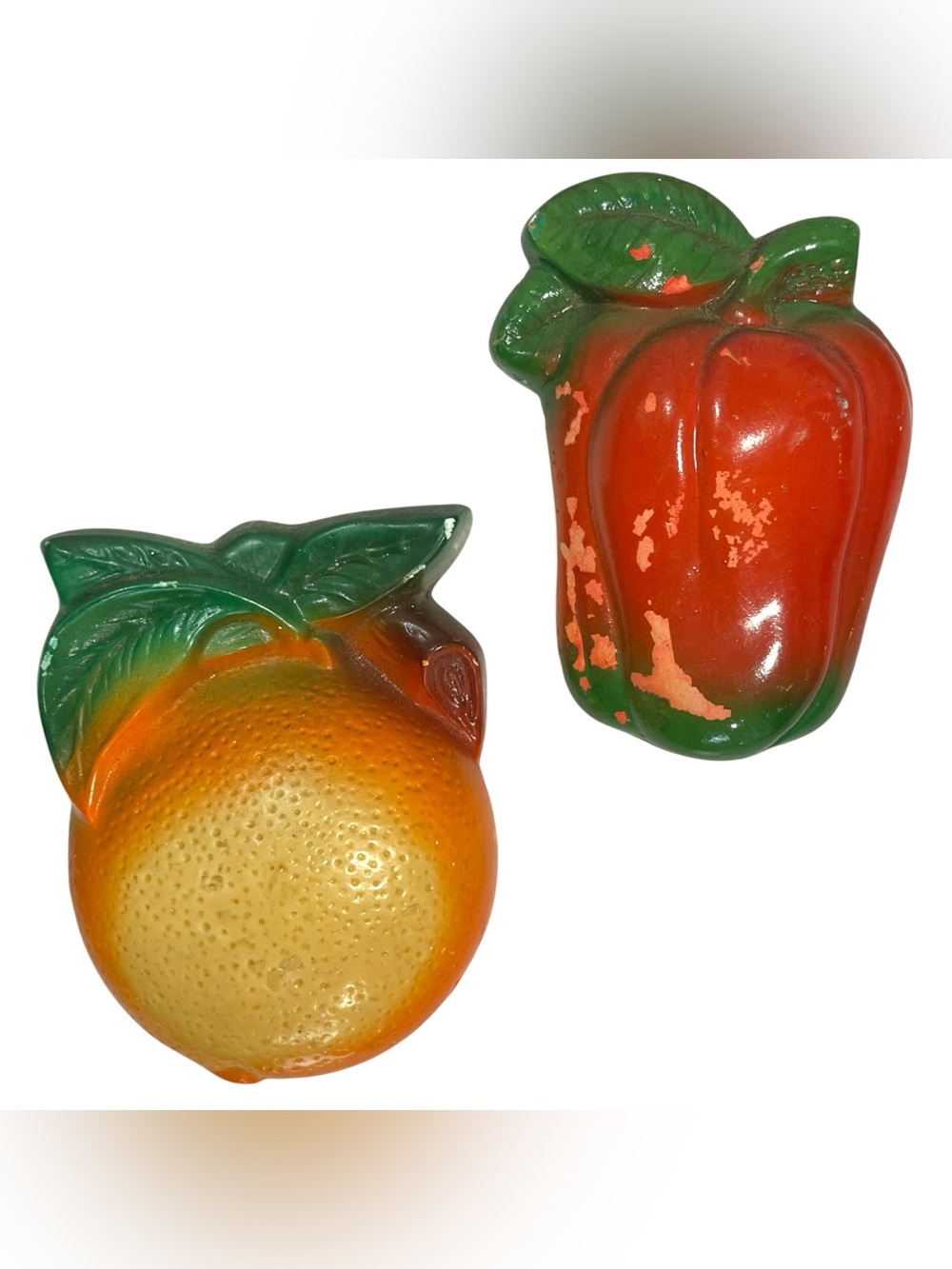 Vintage 1950s Chalkware Fruit Wall Plaques Kitchen Decor (2) - Apple and Orange